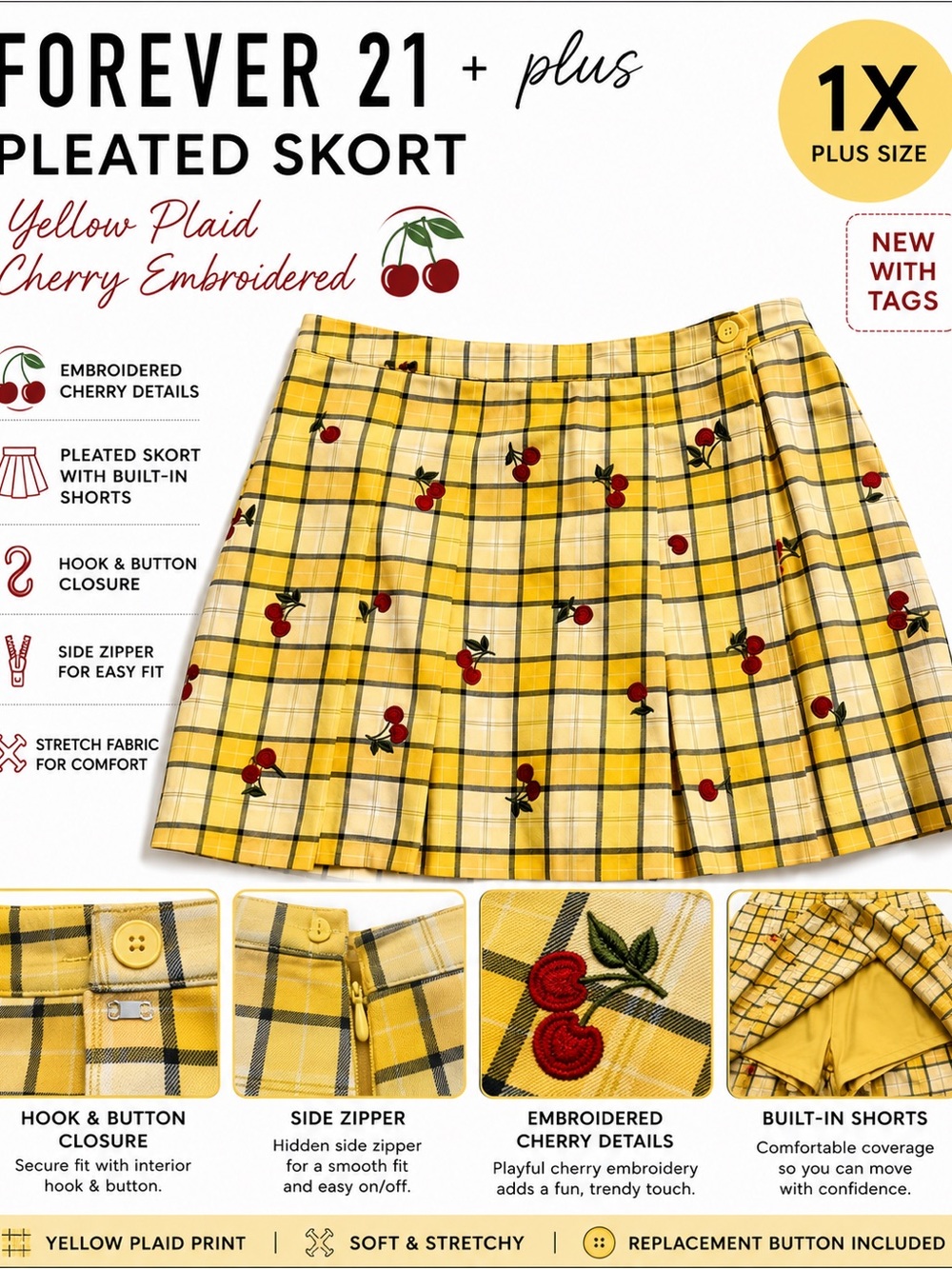 Forever 21 Plus 1X Yellow Plaid Cherry Y2K Embroidered Pleated Skort NWT